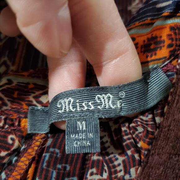 Miss Me Lace Short Sleeve Keyhole Back Tie Boho Semi Sheer Top Womens M Wine - Picture 6 of 8